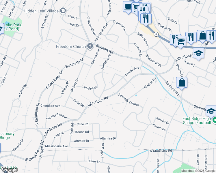 map of restaurants, bars, coffee shops, grocery stores, and more near 1319 Coleman Circle in Chattanooga