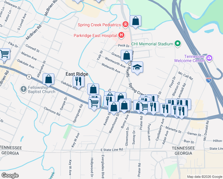 map of restaurants, bars, coffee shops, grocery stores, and more near 1301 Sewanee Drive in Chattanooga