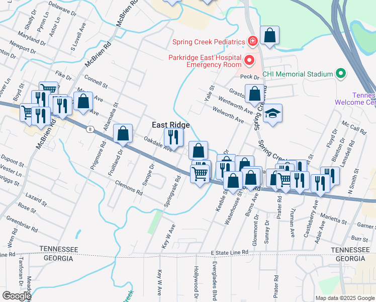 map of restaurants, bars, coffee shops, grocery stores, and more near 1310 East End Avenue in Chattanooga