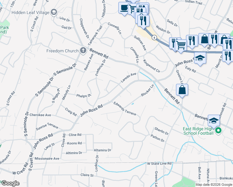 map of restaurants, bars, coffee shops, grocery stores, and more near 1306 Laredo Avenue in Chattanooga
