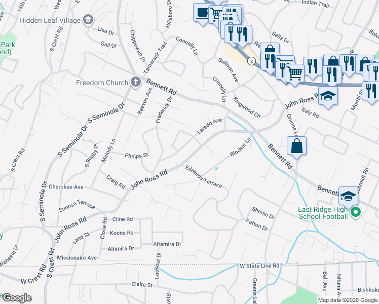 map of restaurants, bars, coffee shops, grocery stores, and more near 1306 Laredo Avenue in Chattanooga