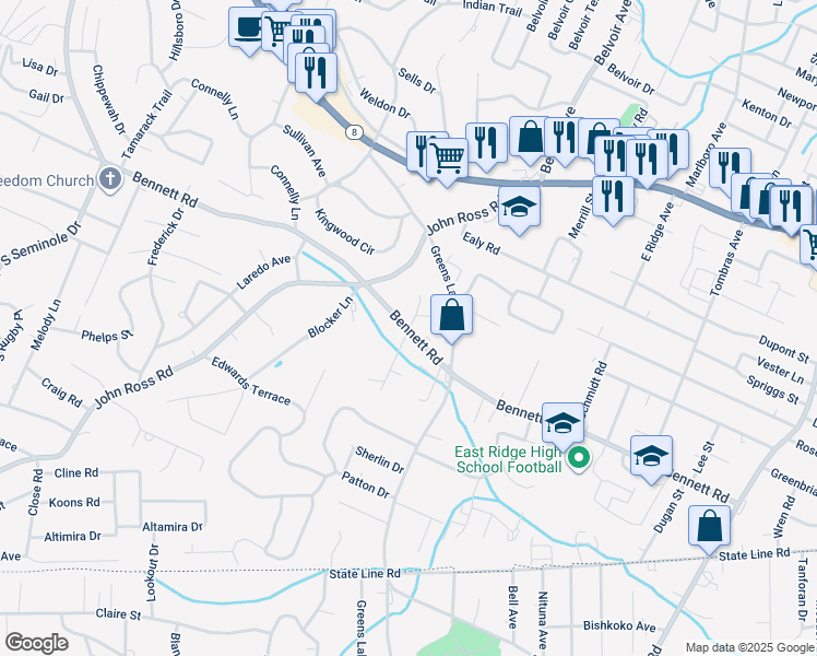 map of restaurants, bars, coffee shops, grocery stores, and more near 3999 Bennett Road in East Ridge