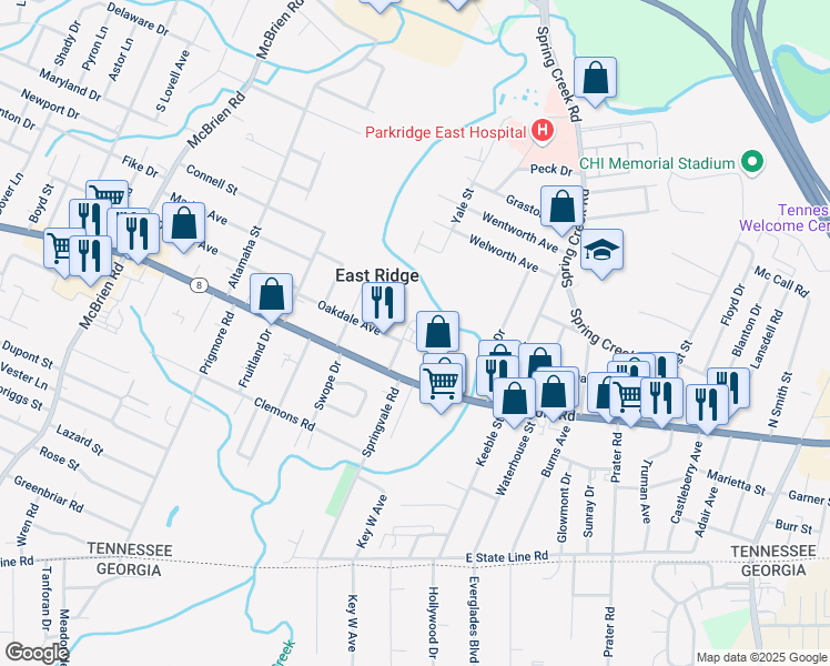 map of restaurants, bars, coffee shops, grocery stores, and more near 1310 East End Avenue in Chattanooga