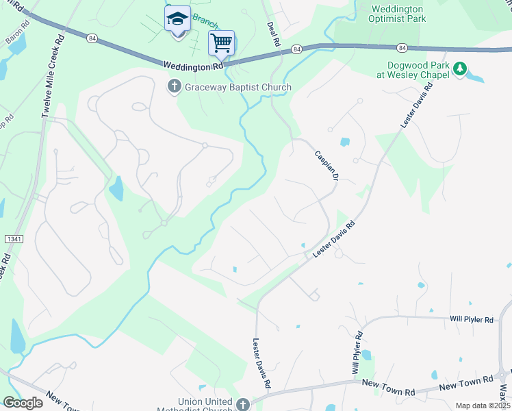 map of restaurants, bars, coffee shops, grocery stores, and more near 401 Deer Brush Lane in Waxhaw