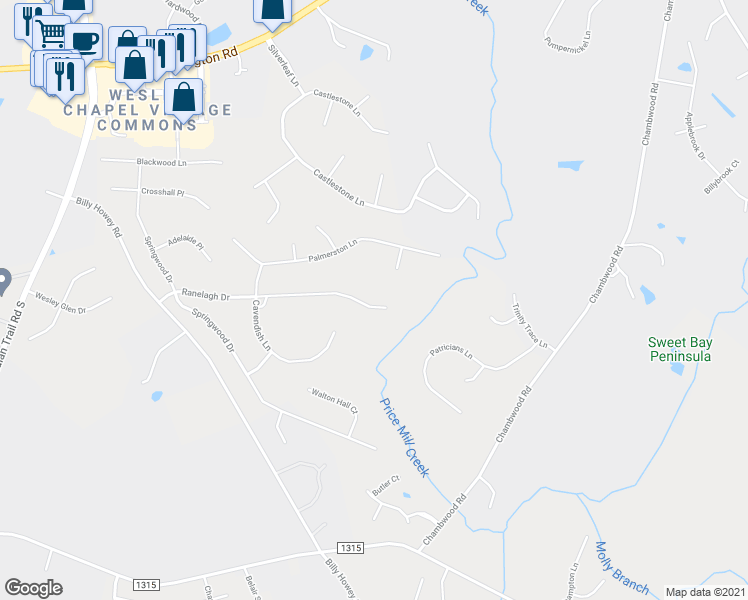 map of restaurants, bars, coffee shops, grocery stores, and more near 431 Ranelagh Drive in Waxhaw