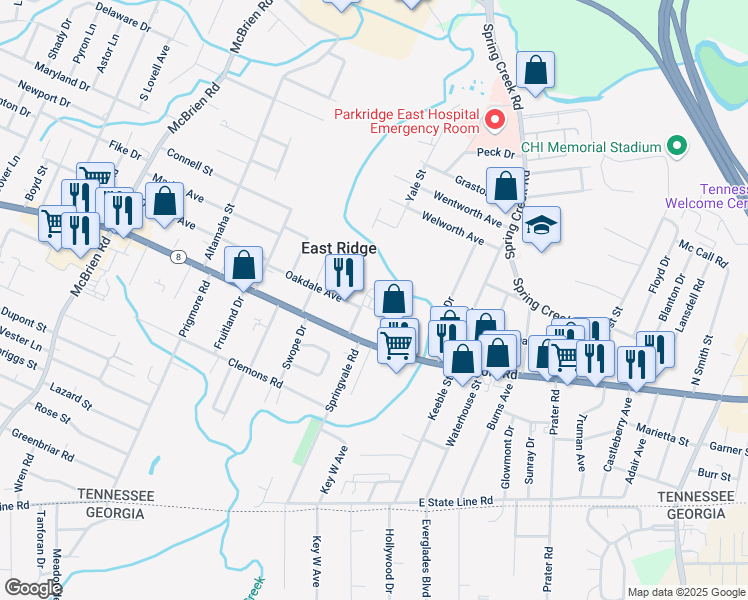 map of restaurants, bars, coffee shops, grocery stores, and more near 1310 East End Avenue in Chattanooga