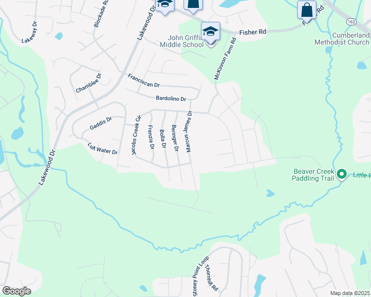 map of restaurants, bars, coffee shops, grocery stores, and more near 2912 Marcus James Drive in Fayetteville