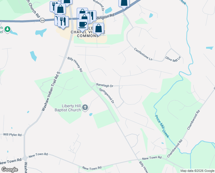 map of restaurants, bars, coffee shops, grocery stores, and more near 311 Ranelagh Drive in Waxhaw