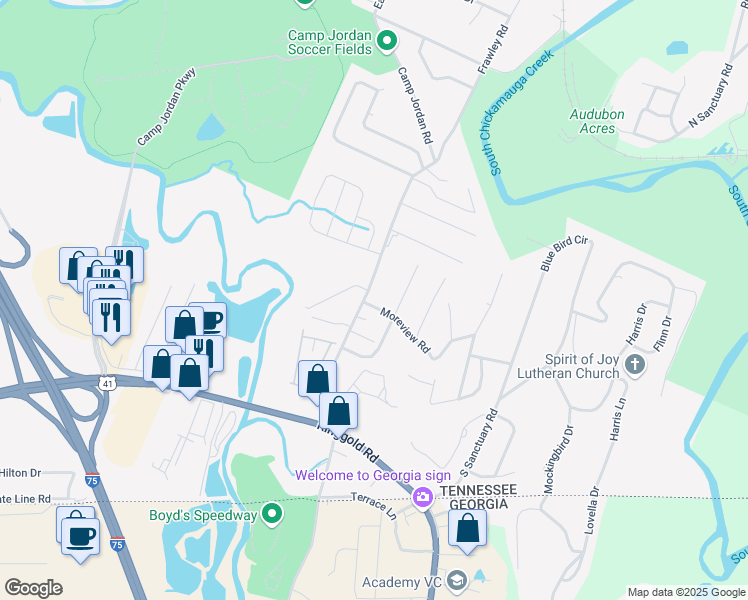map of restaurants, bars, coffee shops, grocery stores, and more near 532 Frawley Road in Chattanooga