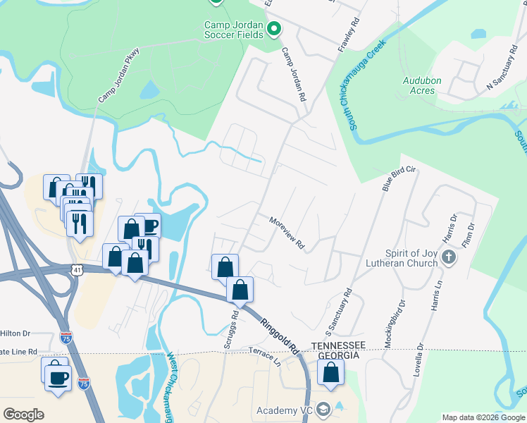 map of restaurants, bars, coffee shops, grocery stores, and more near 6905 Moreview Road in Chattanooga