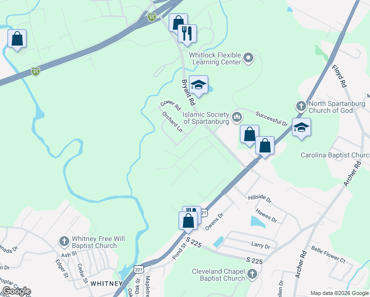 map of restaurants, bars, coffee shops, grocery stores, and more near 214 Orchard Lane in Spartanburg