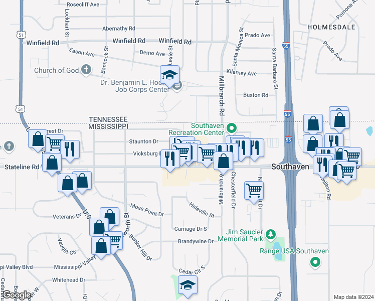 map of restaurants, bars, coffee shops, grocery stores, and more near 9078 Haleville Street in Southaven