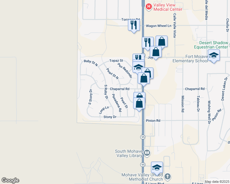 map of restaurants, bars, coffee shops, grocery stores, and more near 5625 Pearl Street in Fort Mohave