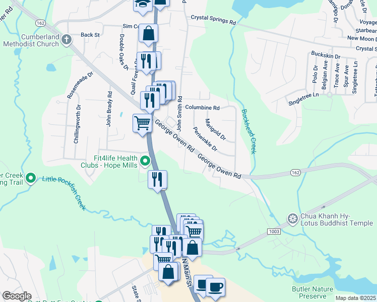 map of restaurants, bars, coffee shops, grocery stores, and more near 2731 George Owen Rd in Fayetteville