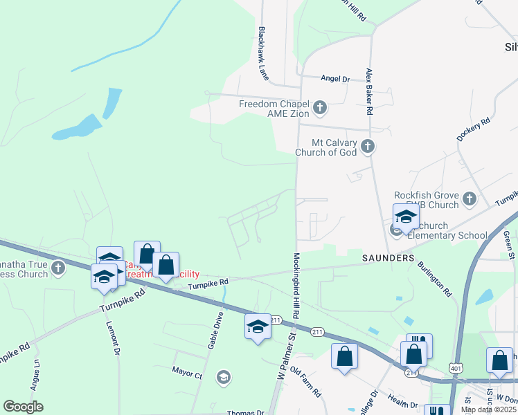 map of restaurants, bars, coffee shops, grocery stores, and more near 116 Sea Gull Drive in Raeford