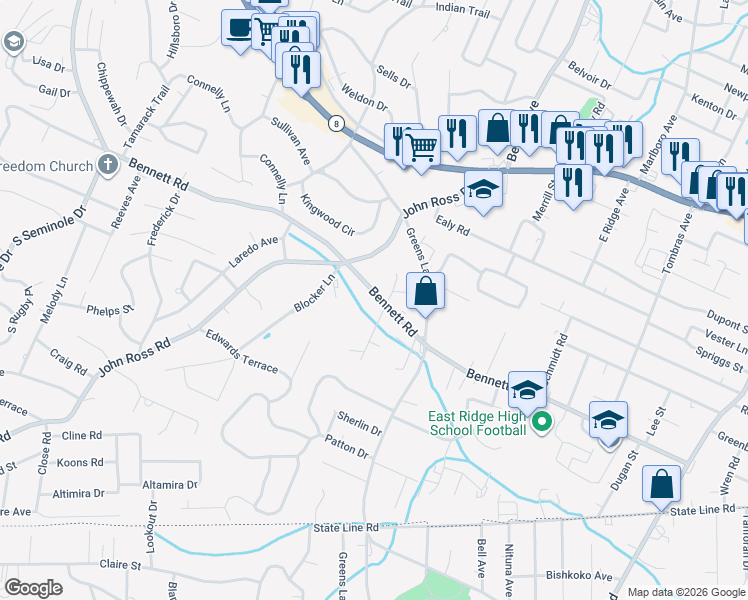 map of restaurants, bars, coffee shops, grocery stores, and more near 3917 Bennett Road in Chattanooga