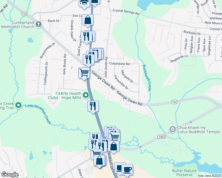 map of restaurants, bars, coffee shops, grocery stores, and more near 2731 George Owen Rd in Fayetteville