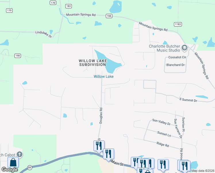 map of restaurants, bars, coffee shops, grocery stores, and more near 509 Crepe Myrtle Loop in Cabot