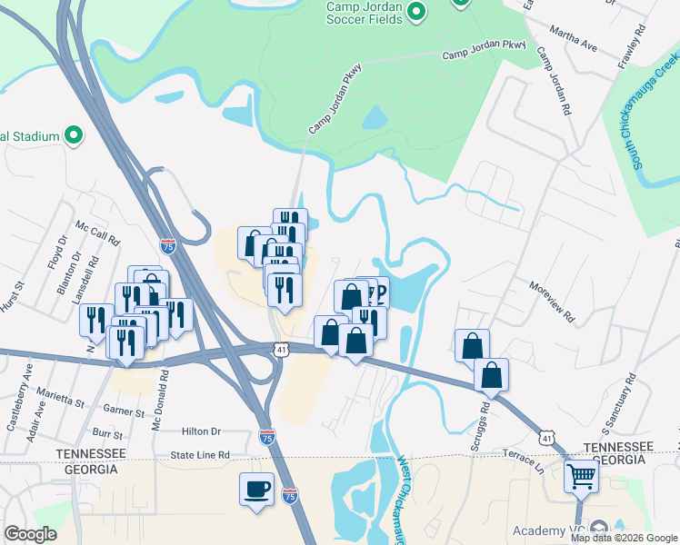 map of restaurants, bars, coffee shops, grocery stores, and more near 1274 Wright Street in Chattanooga