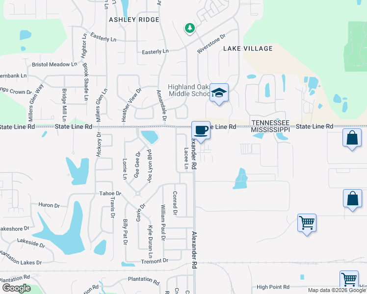 map of restaurants, bars, coffee shops, grocery stores, and more near 9435 Lacee Lane in Olive Branch