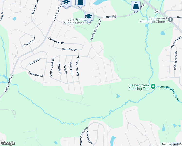 map of restaurants, bars, coffee shops, grocery stores, and more near 2415 Evermay Court in Fayetteville