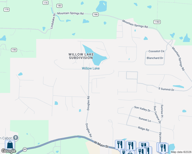 map of restaurants, bars, coffee shops, grocery stores, and more near 511 Crepe Myrtle Loop in Cabot