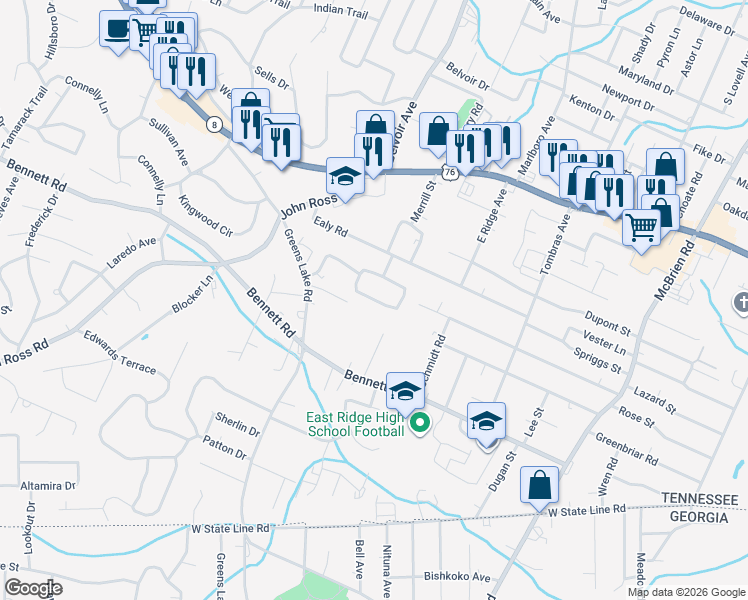 map of restaurants, bars, coffee shops, grocery stores, and more near East Ridge Drive in East Ridge