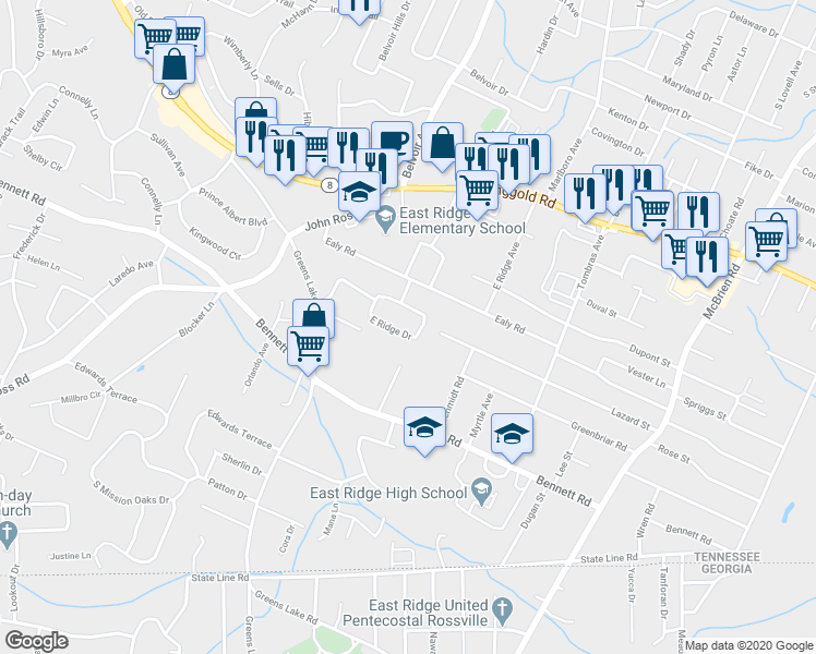 map of restaurants, bars, coffee shops, grocery stores, and more near 4130 East Ridge Drive in Chattanooga