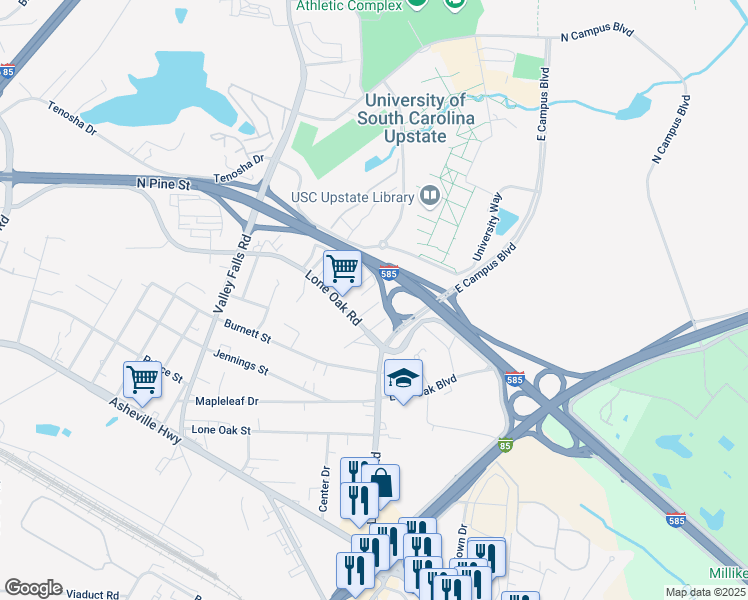 map of restaurants, bars, coffee shops, grocery stores, and more near 651 Katelyn Drive in Spartanburg