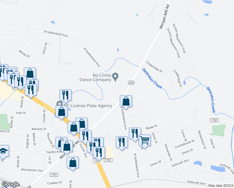map of restaurants, bars, coffee shops, grocery stores, and more near 810 North Sutherland Avenue in Monroe