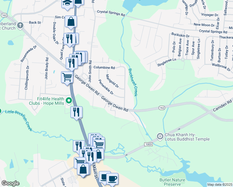 map of restaurants, bars, coffee shops, grocery stores, and more near 3224 Marigold Drive in Fayetteville