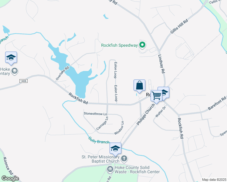 map of restaurants, bars, coffee shops, grocery stores, and more near 120 Eulon Loop in Raeford