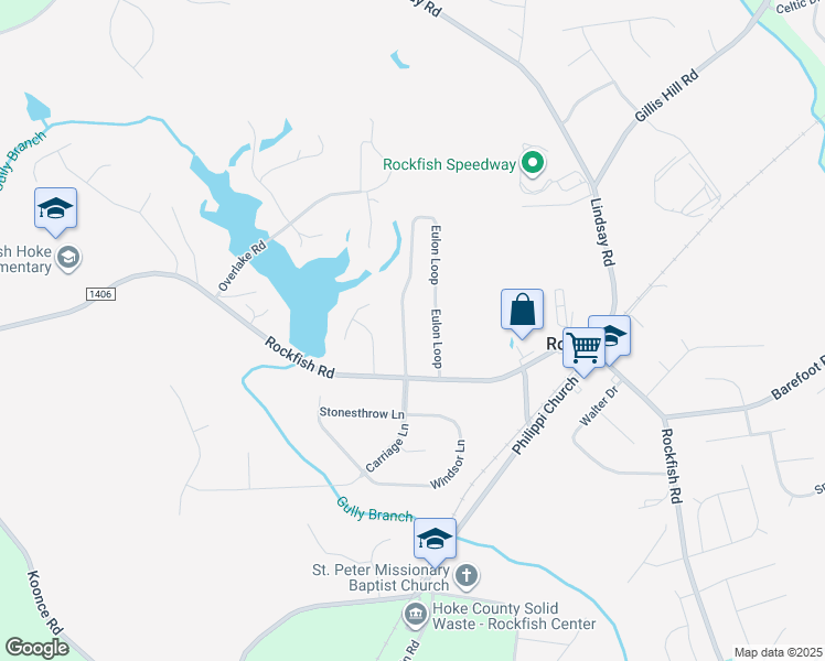 map of restaurants, bars, coffee shops, grocery stores, and more near 120 Eulon Loop in Raeford