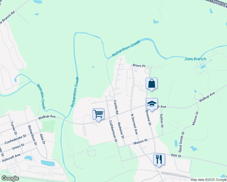 map of restaurants, bars, coffee shops, grocery stores, and more near 717 Castle Road in Monroe
