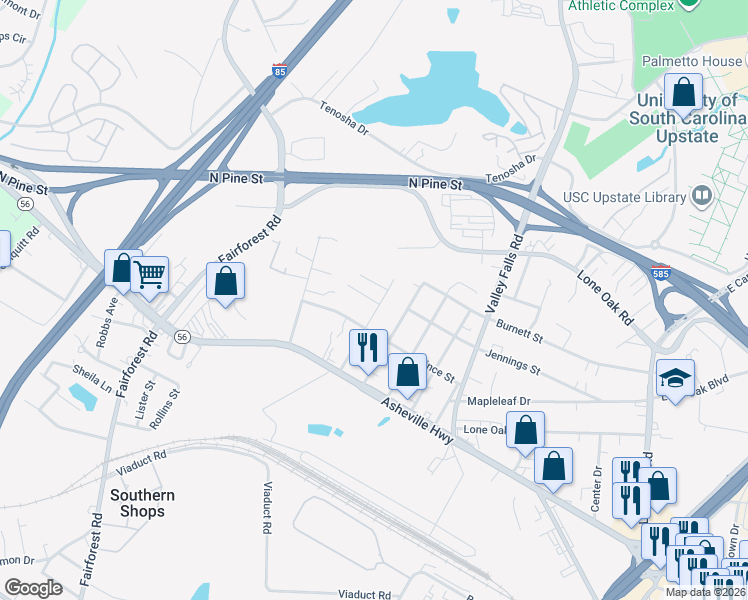 map of restaurants, bars, coffee shops, grocery stores, and more near 7259 Geddes Street in Spartanburg