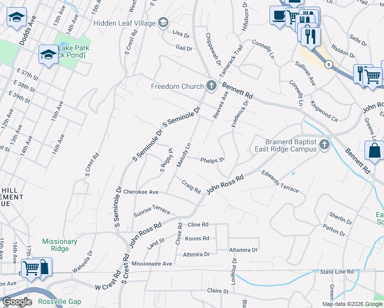map of restaurants, bars, coffee shops, grocery stores, and more near 1428 Melody Lane in Chattanooga