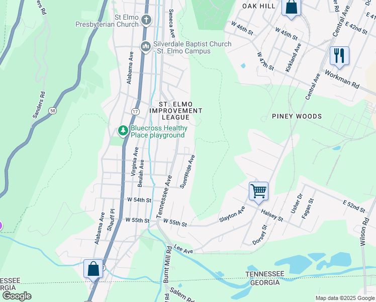 map of restaurants, bars, coffee shops, grocery stores, and more near 4910 Tennessee Avenue in Chattanooga