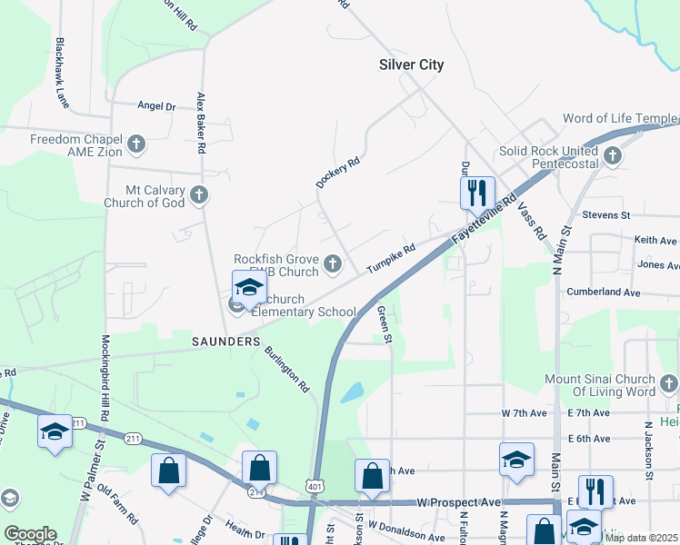 map of restaurants, bars, coffee shops, grocery stores, and more near 163 Dockery Street in Raeford