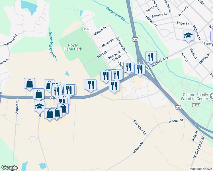 map of restaurants, bars, coffee shops, grocery stores, and more near 1118 Sunset Avenue in Clinton