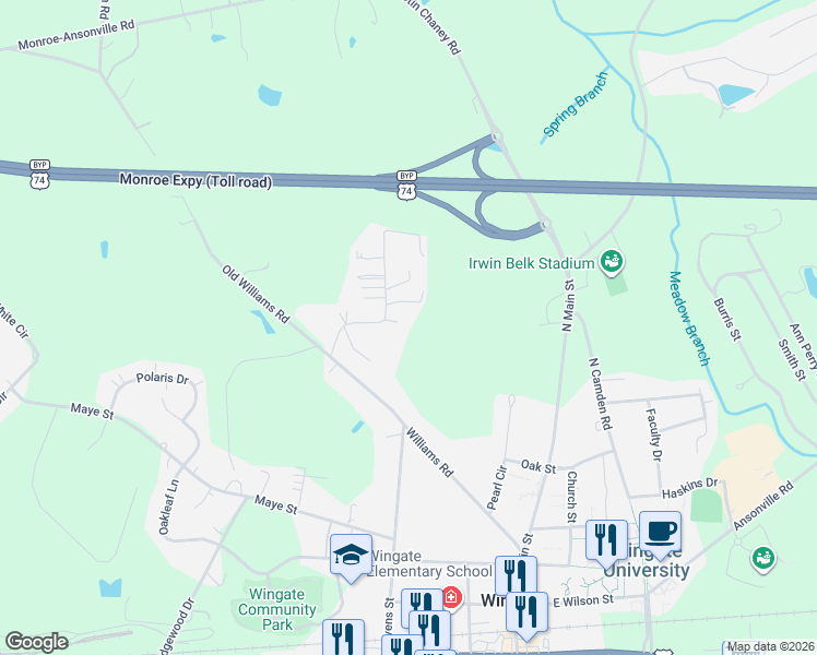 map of restaurants, bars, coffee shops, grocery stores, and more near 4501 Kaden Court in Wingate