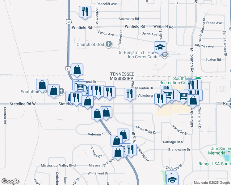 map of restaurants, bars, coffee shops, grocery stores, and more near 9090 Moss Point Drive in Southaven