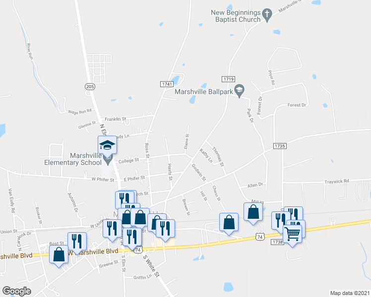 map of restaurants, bars, coffee shops, grocery stores, and more near 626 Elaine St in Marshville