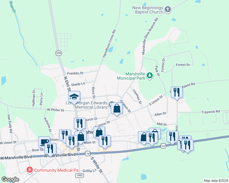 map of restaurants, bars, coffee shops, grocery stores, and more near 610 Hasty Street in Marshville