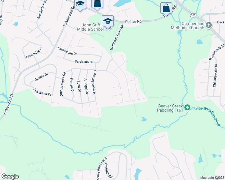 map of restaurants, bars, coffee shops, grocery stores, and more near 2415 Evermay Court in Fayetteville