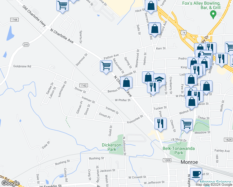 map of restaurants, bars, coffee shops, grocery stores, and more near 713 Benton Street in Monroe