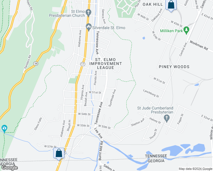 map of restaurants, bars, coffee shops, grocery stores, and more near 4916 Tennessee Avenue in Chattanooga