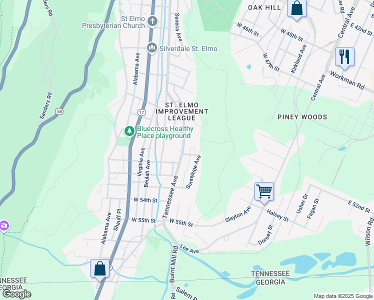 map of restaurants, bars, coffee shops, grocery stores, and more near 4910 Tennessee Avenue in Chattanooga