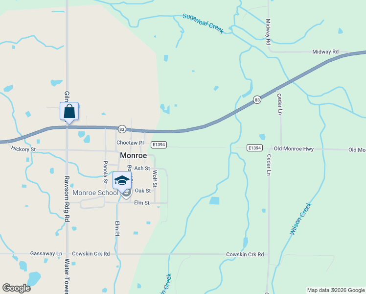 map of restaurants, bars, coffee shops, grocery stores, and more near 14374 Old Monroe Highway in Monroe