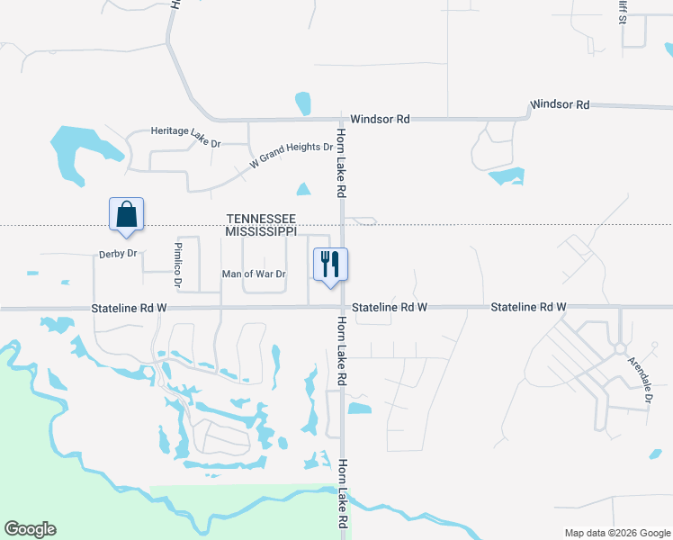map of restaurants, bars, coffee shops, grocery stores, and more near 9123 Kirkwood Lane in Southaven
