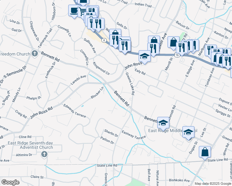 map of restaurants, bars, coffee shops, grocery stores, and more near 3916 Bennett Road in East Ridge